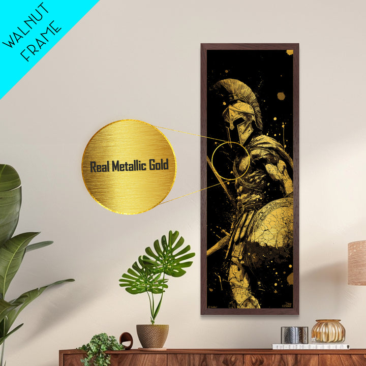 Ancient Spartan Warrior With Shield, Metallic Gold Metal Print, Greek Soldier Helmet Wall Art, Real Wood Frame Decor