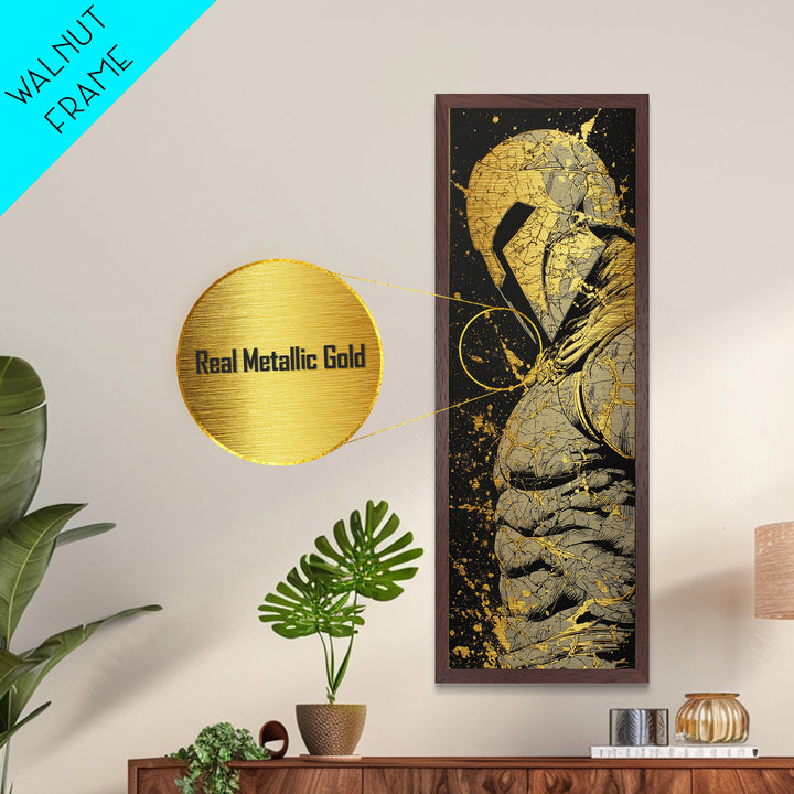 Ancient Spartan Helmet Detailed Artwork, Metallic Gold Metal Print, Greek Warrior Wall Art, Real Wood Frame Decor
