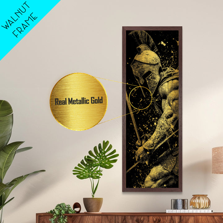 Spartan Warrior With Sword, Metallic Gold Metal Print, Greek Mythology Wall Art, Real Wood Frame Decor, Ancient Battle Artwork