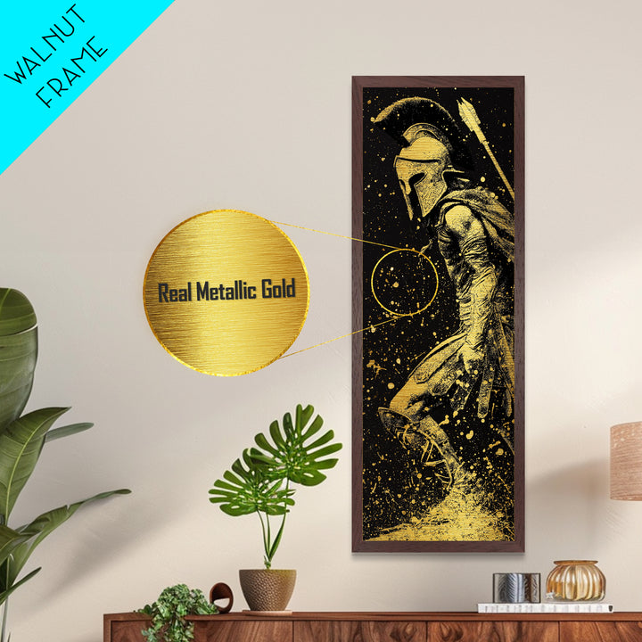Greek Spartan Standing Strong, Metallic Gold Metal Print, Warrior Soldier Wall Art, Real Wood Frame Home Decor, Ancient Hero Artwork