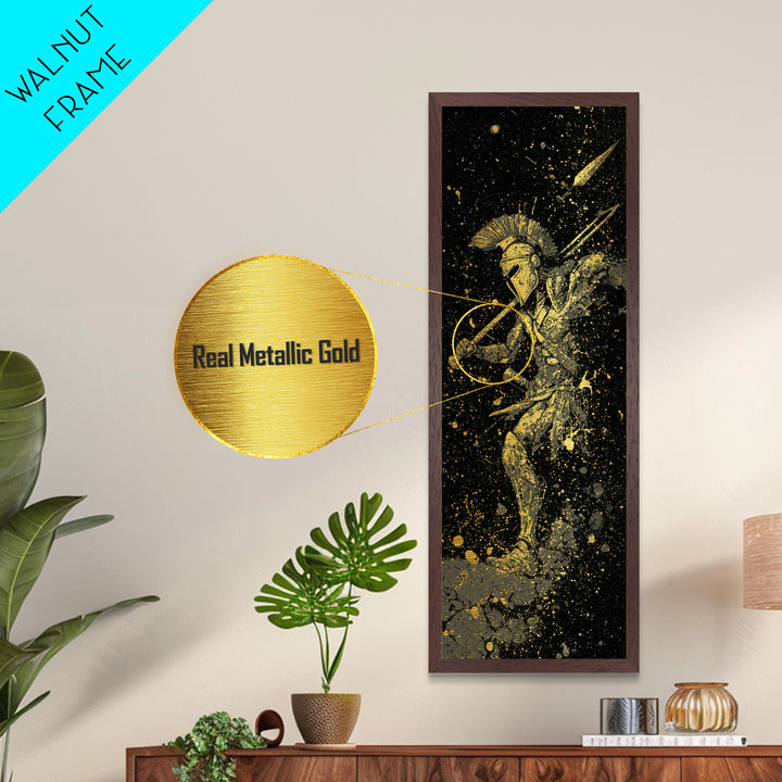 Ancient Spartan In Battle, Metallic Gold Art, Warrior With Spear Wall Print, Real Wood Frame Decor, Greek Mythology Artwork