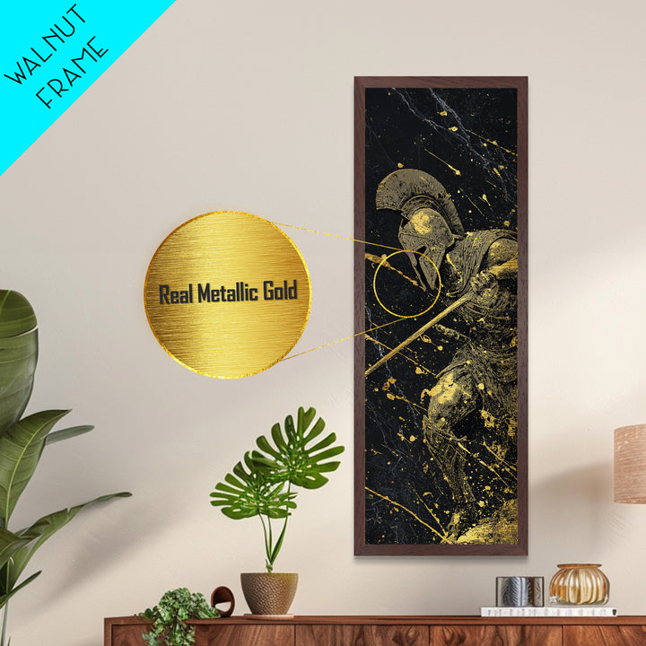 Heroic Spartan Warrior, Metallic Gold Metal Print, Ancient Greek Wall Art, Real Wood Frame Decor, Battle Ready Soldier Artwork