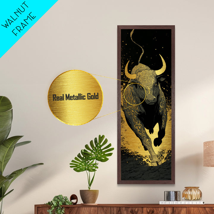 Charging Bull - Metallic Gold Wall Art - Wood Framed Metal Art, Taurus Wall Art, Golden Runic Bull Painting Print, Metal Art