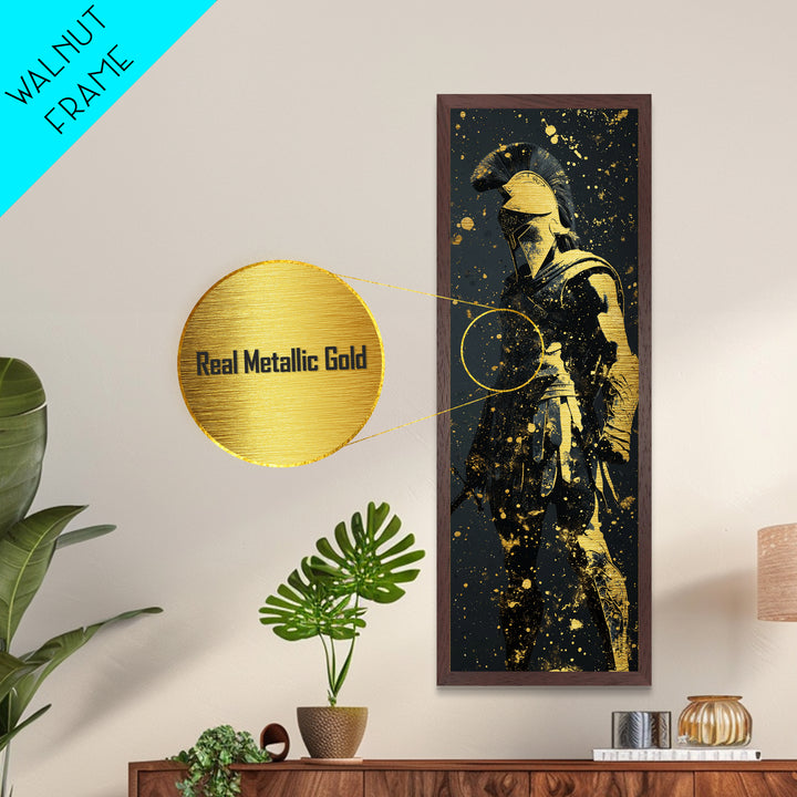 Greek Hoplite Metallic Gold Art, Ancient Spartan Warrior Print, Real Wood Frame, Mythology Inspired Wall Decor For Living Room