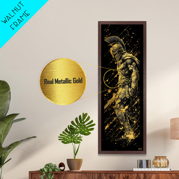 Gold Spartan Warrior With Spear Metallic Gold Metal Print, Greek Gladiator Wall Art, Real Wood Frame, Ancient Soldier Home Decor