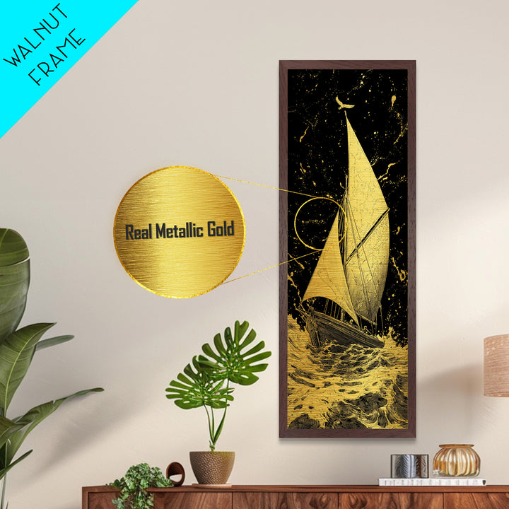 Golden Sailboat Nautical Wall Art, Metallic Gold Painting Print, Wood Framed Wall Art, Sail Boat Painting Print, Metallic Gold Painting