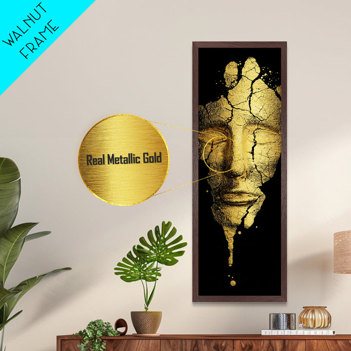 Metallic Gold Metal Print, Cracked Golden Mask Wall Art, Mythical Face Artwork, Real Wood Frame Decor