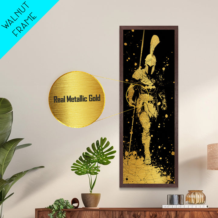 Metallic Gold Art, Greek Warrior Spear Print, Spartan Armor Wall Decor, Real Wood Frame Home Artwork