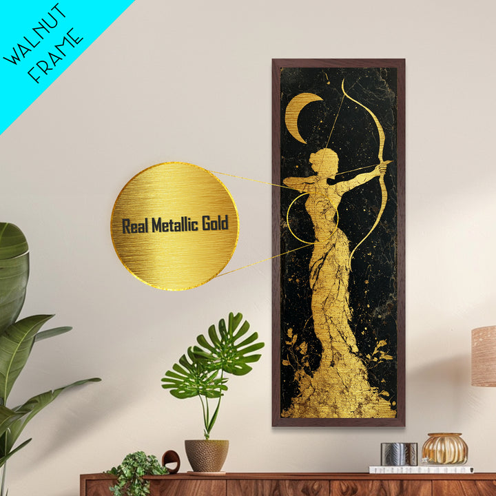 Metallic Gold Art, Artemis Moon Goddess Print, Bow And Arrow Wall Decor, Real Wood Frame Greek Artwork