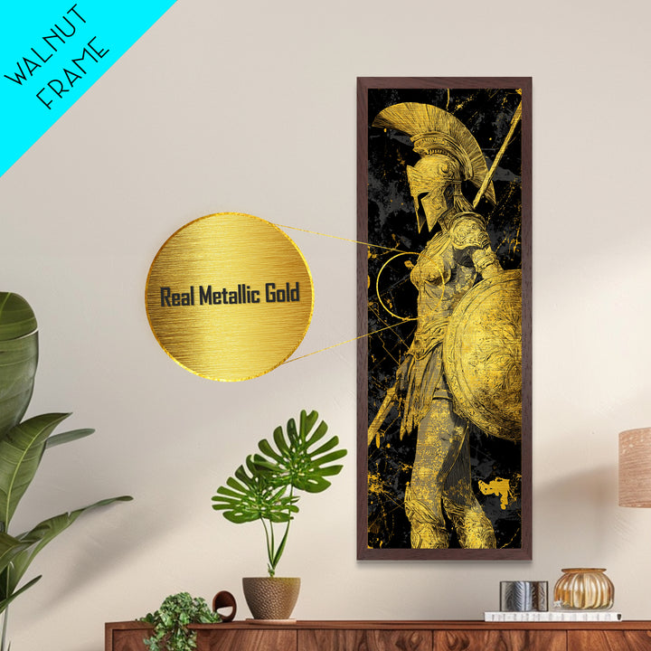 Metallic Gold Art, Athena Warrior Goddess Print, Shield And Sword Wall Decor, Real Wood Frame Decor