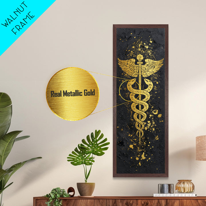 Metallic Gold Metal Print, Caduceus Serpent Staff Wall Art, Hermes Symbol Decor, Real Wood Frame Artwork