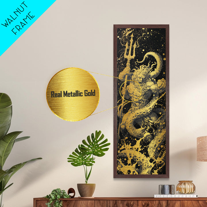 Poseidon Metallic Gold Art, Greek God Of The Sea Metal Print, Mythology Ocean Decor, Real Wood Framed Gold Artwork