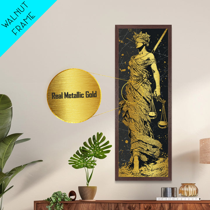 Themis Goddess Of Justice Metallic Gold Metal Print, Blindfolded Lady Justice Wall Art, Scales Of Balance Decor, Real Wood Frame