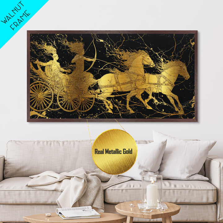 Greek Chariot Scene, Metallic Gold Art, Real Wood Frame, Mythology Inspired Wall Decor, Warriors And Horses Print