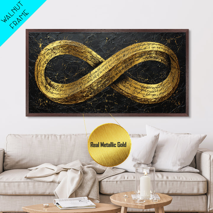 Infinity Symbol With Script, Metallic Gold Art, Real Wood Frame, Elegant Wall Decor, Modern Abstract Artwork