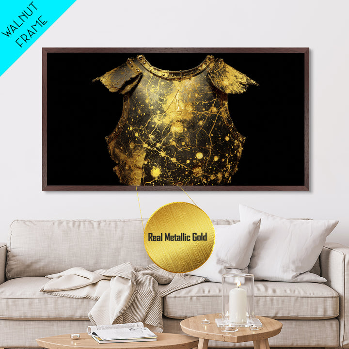 Golden Armor Breastplate, Metallic Gold Metal Print, Real Wood Frame, Medieval Warrior Decor, Historical Art Print
