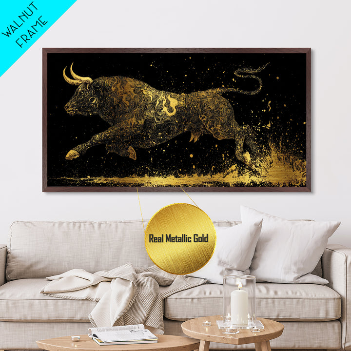 Golden Bull In Motion, Metallic Gold Art, Real Wood Frame, Dynamic Animal Wall Decor, Mythology Inspired Artwork