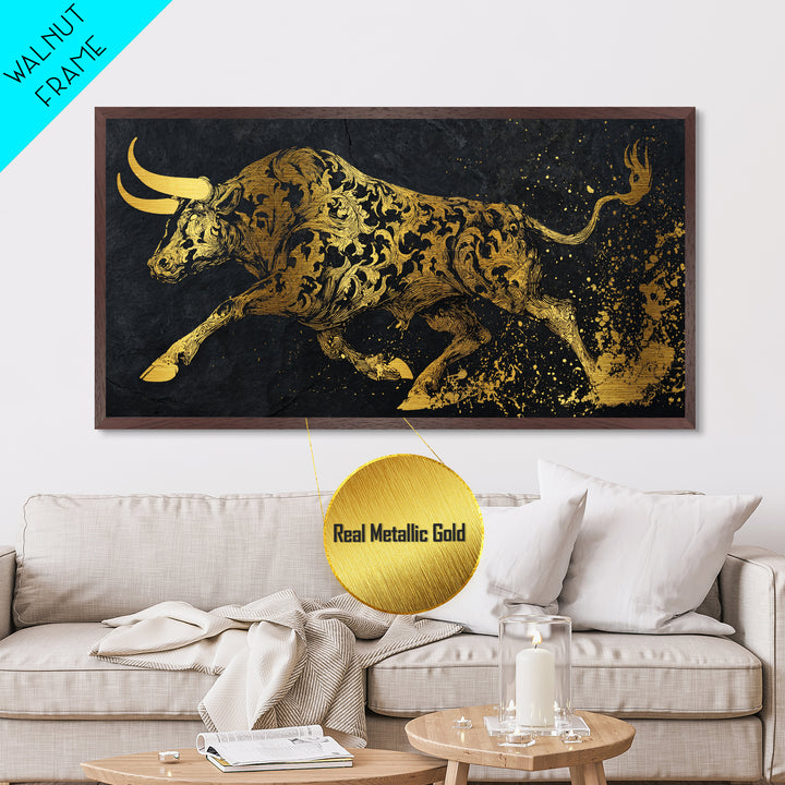 Ornate Golden Bull, Metallic Gold Metal Print, Real Wood Frame, Decorative Animal Artwork, Powerful Bull Illustration
