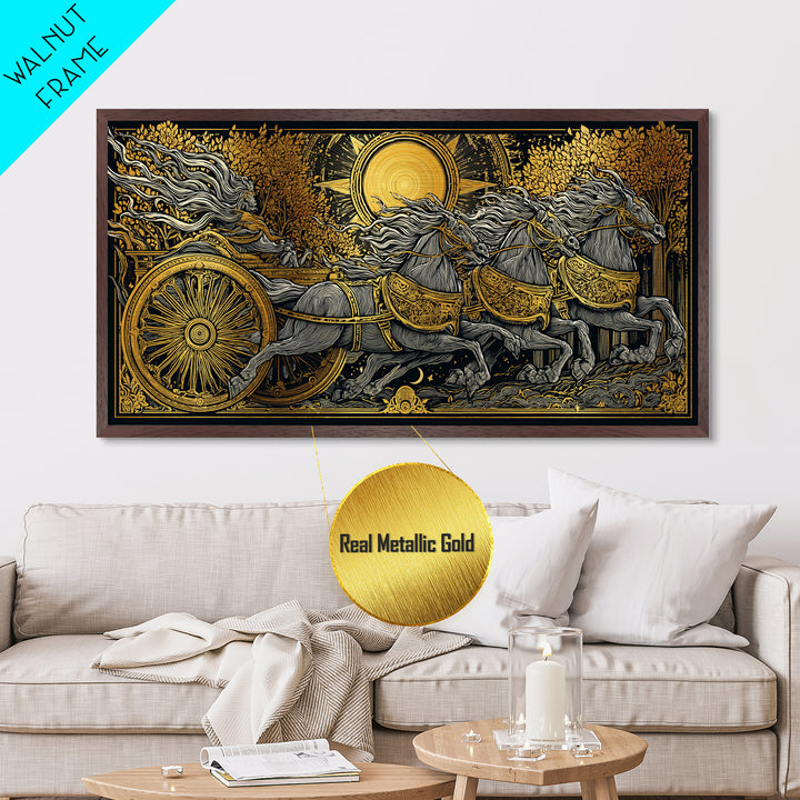Chariot Of The Dawn, Metallic Gold Art, Real Wood Frame, Mythology Inspired Wall Decor, Horse And Rider Artwork