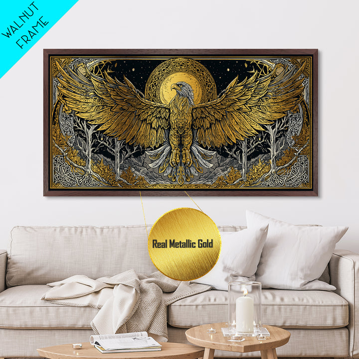 Golden Eagle Over Moonlit Forest, Metallic Gold Art, Real Wood Frame, Intricate Line Art, Majestic Bird Wall Decor