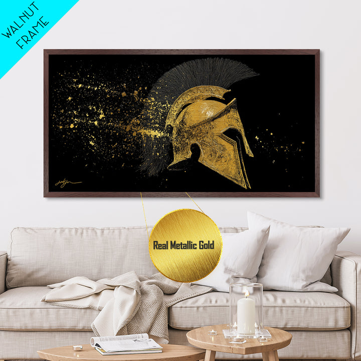 Golden Spartan Helmet, Metallic Gold Art, Real Wood Frame, Splatter Style Warrior Armor, Mythology Inspired Artwork