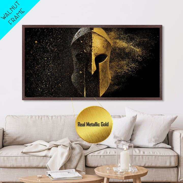 Half Gold Spartan Helmet, Metallic Gold Metal Print, Real Wood Frame, Splatter Style Warrior Armor, Ancient Battle Artwork