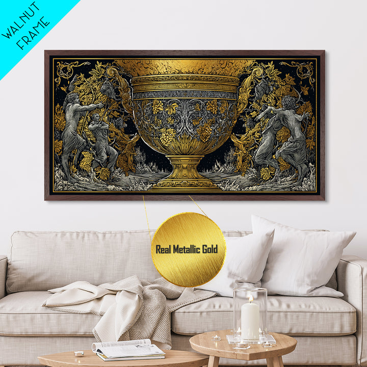Golden Ornate Chalice, Metallic Gold Art, Real Wood Frame, Mythology Inspired Wall Decor, Classical Celebration Scene