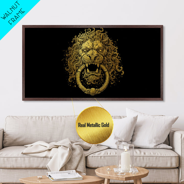 Golden Lion Door Knocker, Metallic Gold Metal Print, Real Wood Frame, Majestic Animal Wall Art, Regal Gold Illustration