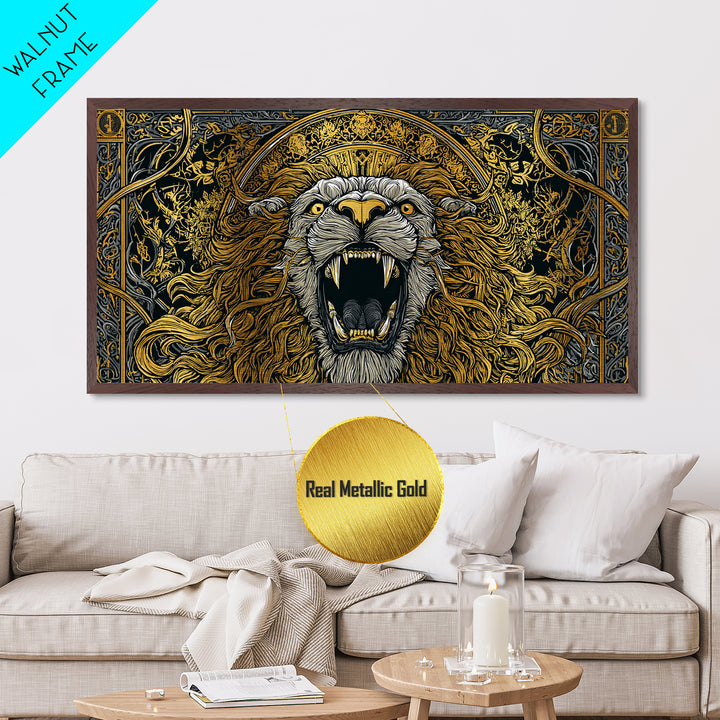 Roaring Golden Lion, Metallic Gold Art, Real Wood Frame, Mythology Inspired Animal Decor, Powerful Lion Wall Artwork