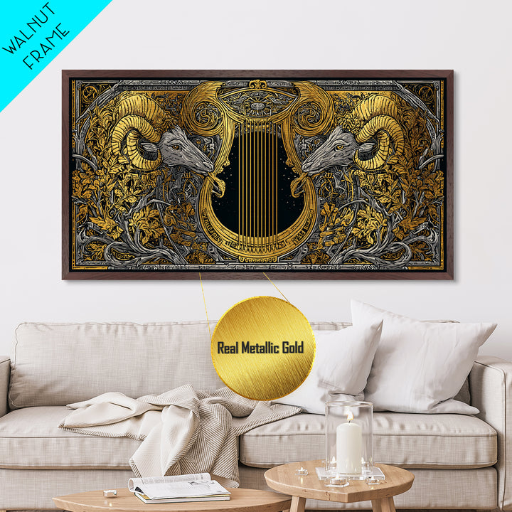 Ornate Ram Lyre, Metallic Gold Metal Print, Real Wood Frame, Mythology Inspired Musical Art, Classical Decorative Artwork
