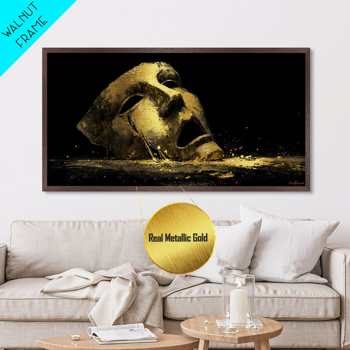 Golden Theatrical Mask, Metallic Gold Metal Print, Real Wood Frame, Dramatic Abstract Artwork, Expressive Wall Art
