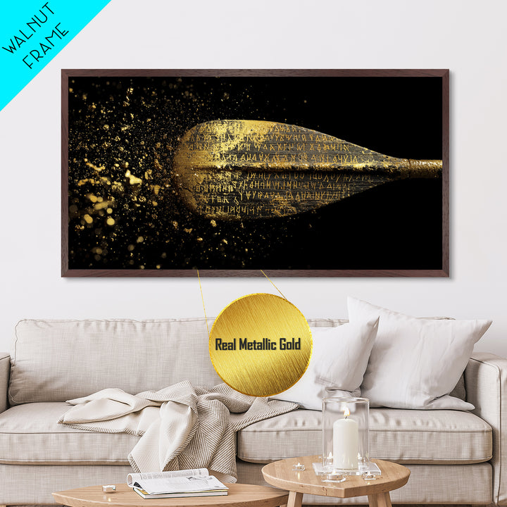 Ancient Golden Spear Tip, Metallic Gold Art, Real Wood Frame, Splatter Style Weapon Artwork, Mythology Inspired Decor
