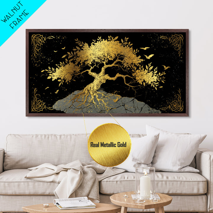 Metallic Gold Tree of Life Artwork, Intricate Roots and Leaves, Wood Framed Map Wall Art for Home or Office Décor