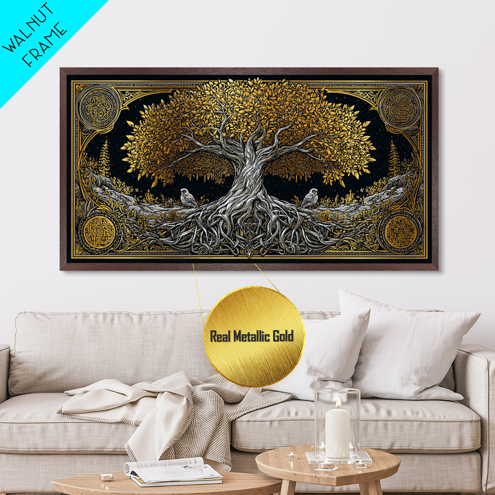 Metallic Gold Ancient Tree Design with Owls, Ornate Border, Wood Framed Map Wall Art for Classic and Nature-Inspired Spaces