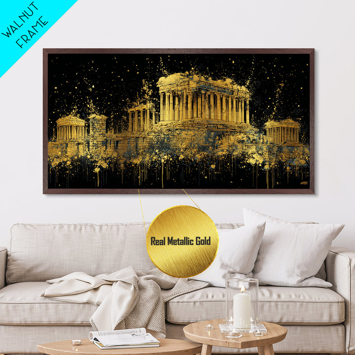 Metallic Gold Parthenon Greece Architecture Print, Splatter Art Style, Wood Framed Map Wall Art for Travel and History Fans