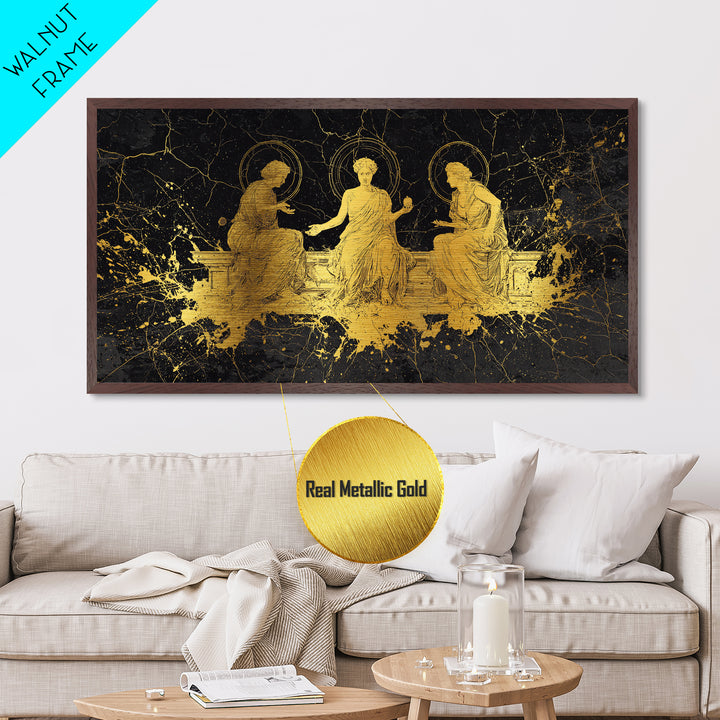 Metallic Gold Greek Goddesses Seated in Elegant Marble Scene, Wood Framed Map Wall Décor for Classical Art and Mythology Lovers