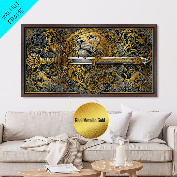 Metallic Gold Lion with Ornate Sword, Surrounded by Floral Designs, Wood Framed Map Wall Art for Strength and Courage Symbolism