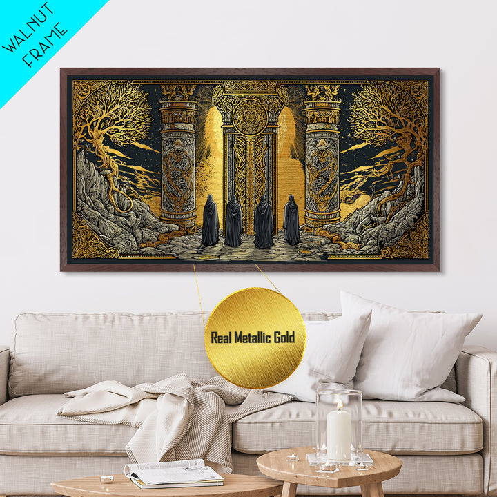 Metallic Gold Fantasy Portal Artwork, Glowing Pillars and Trees, Wood Framed Map Wall Décor for Magical and Epic Settings