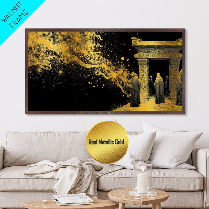 Metallic Gold Ancient Gate Scene, Robed Figures and Ornate Carvings, Wood Framed Map Wall Art for Mystery and Fantasy Lovers