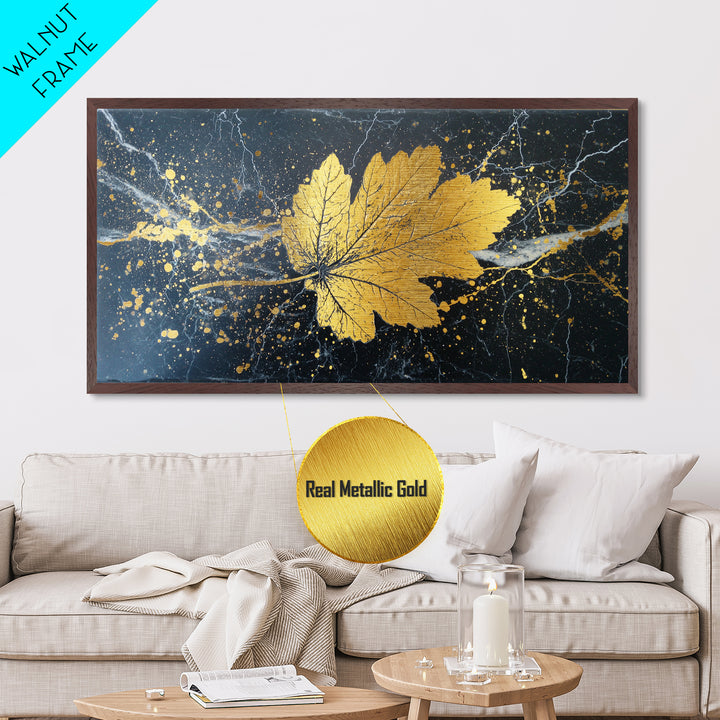 Golden Maple Leaf On Black, Metallic Gold Art, Real Wood Frame, Splatter Style, Nature Wall Decor, Leaf Print
