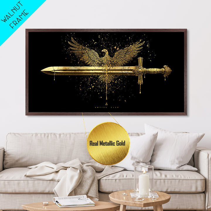 Metallic Gold Eagle and Sword Artwork, Splatter Effect Style, Wood Framed Map Wall Art for Power and Freedom Symbolism