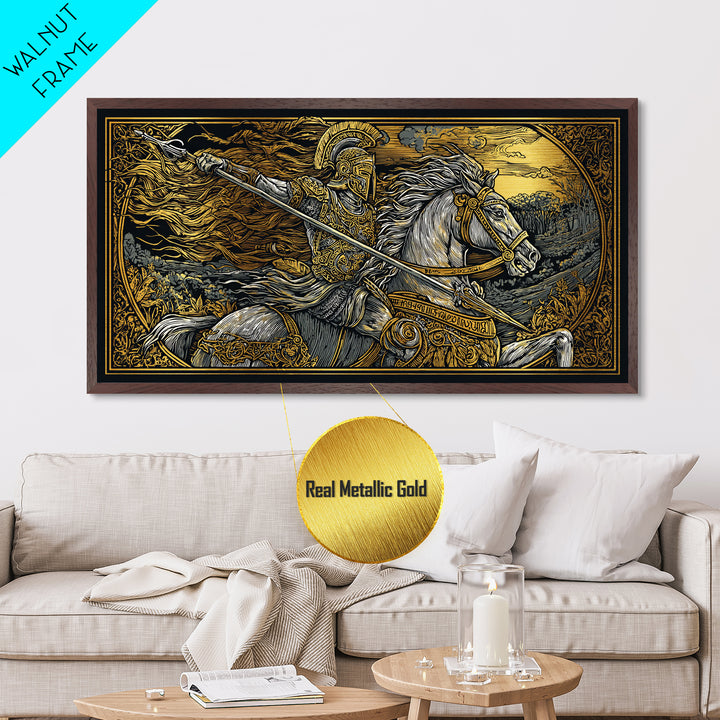 Metallic Gold Metal Print Spartan Warrior on Horseback, Flowing Mane and Spear, Wood Framed Map Wall Art, Ancient Battle,  History Lovers