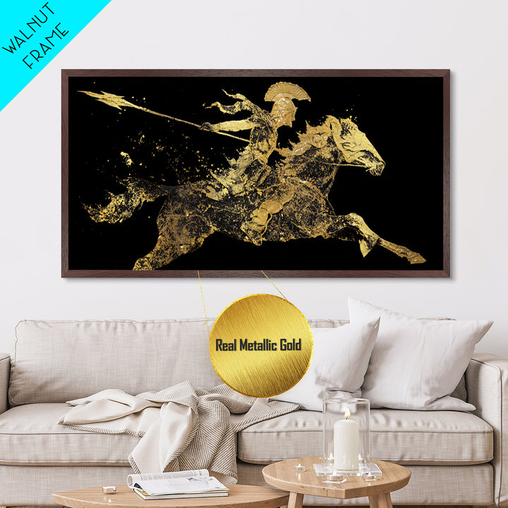 Metallic Gold Art Spartan Rider Silhouette, Splatter Effect Spear Charge, Wood Framed Map Wall Décor, Historical and Warrior-Themed Spaces