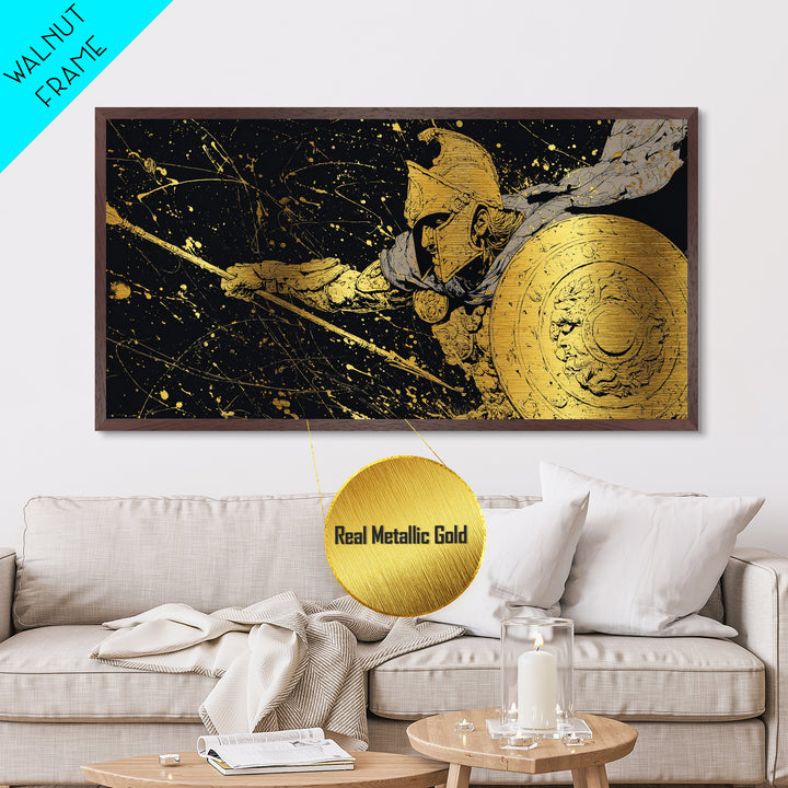 Metallic Gold Metal Print Spartan Soldier with Shield and Spear, Splatter Background, Wood Framed Map Wall Art for Ancient Greece Enthusiasts