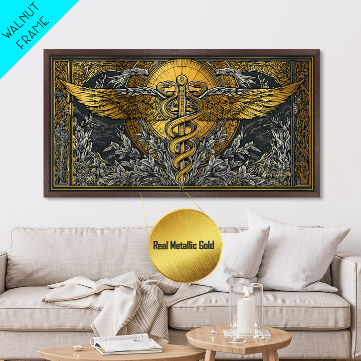 Metallic Gold Art Caduceus Symbol with Wings and Serpents, Ornate Frame, Wood Framed Map Wall Décor for Medical and Healing Symbolism Fans
