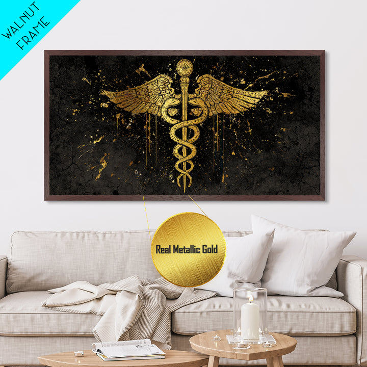 Metallic Gold Metal Print Caduceus Splatter Effect Design, Ancient Script Wings, Wood Framed Map Wall Art for Medicine and Healing Iconography