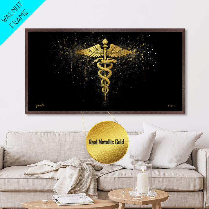 Metallic Gold Art Caduceus Medical Symbol, Splatter Background Art Style, Wood Framed Map Wall Décor for Healthcare, Classical Symbol Lovers
