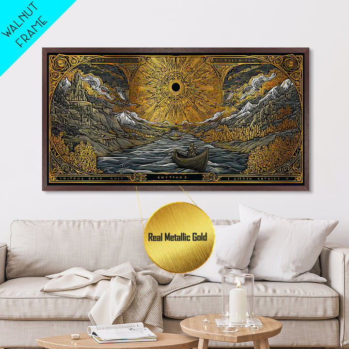 Metallic Gold Metal Print Solar Eclipse Over Mountain Valley, Rowboats and Figures, Wood Framed Map Wall Art for Fantasy and Celestial Lovers
