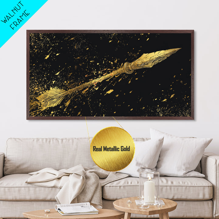 Golden Spear In Flight, Metallic Gold Metal Print, Real Wood Frame, Dynamic Weapon Art, Mythology Inspired Wall Decor