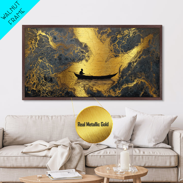 Metallic Gold Art Rowboat Silhouette Over Detailed Map Pattern, Reflective Water, Wood Framed Map Wall Décor, Nautical and Cartographic Fans